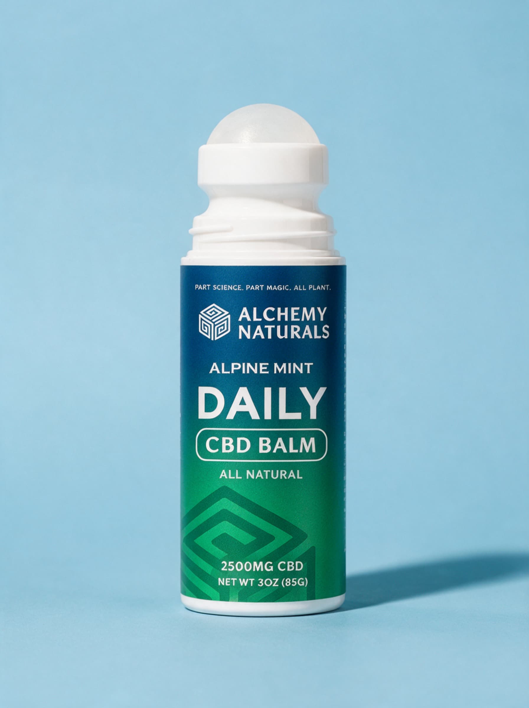 Alchemy Naturals Alpine Mint Daily CBD Balm roll-on, 2500mg CBD, applicator ball visible, on a light blue background