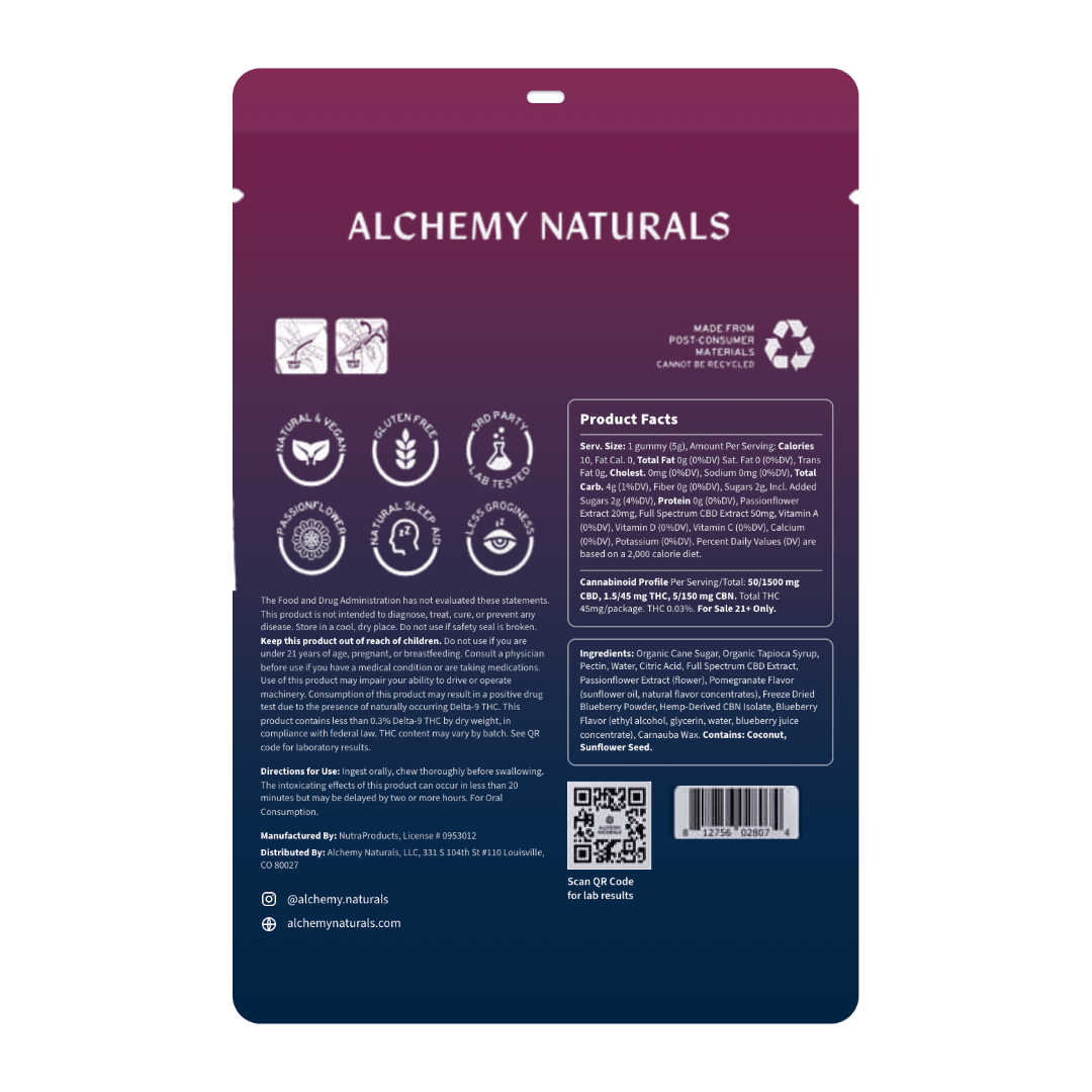Alchemy Naturals CBD Gummies for Sleep Ingredients Panel